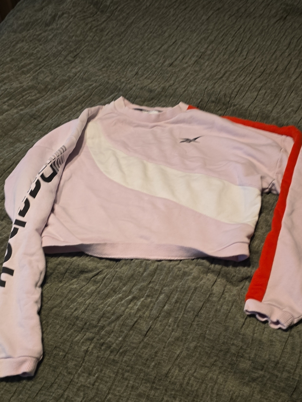 Reebok Light Pink Cropped Crewneck with White Chevron and Red Sleeve Stripe